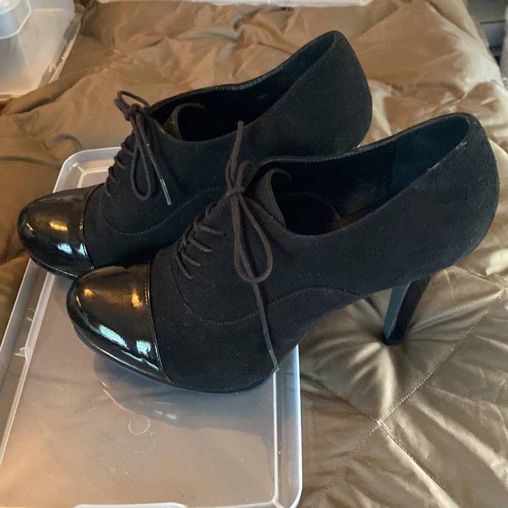 Franco Sarto lace up heels, black suede with patent toes and heels